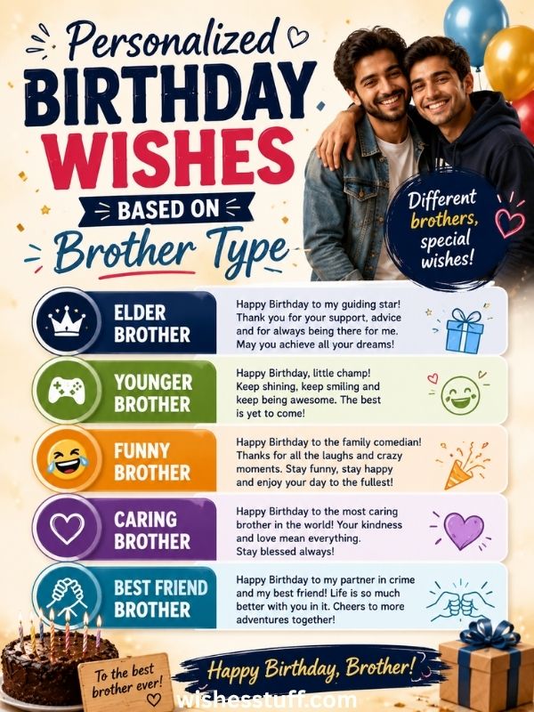 150+ Best Happy Birthday Wishes For Brother, Heart Touching & Blessing Quotes personalized birthday wishes based on brother type